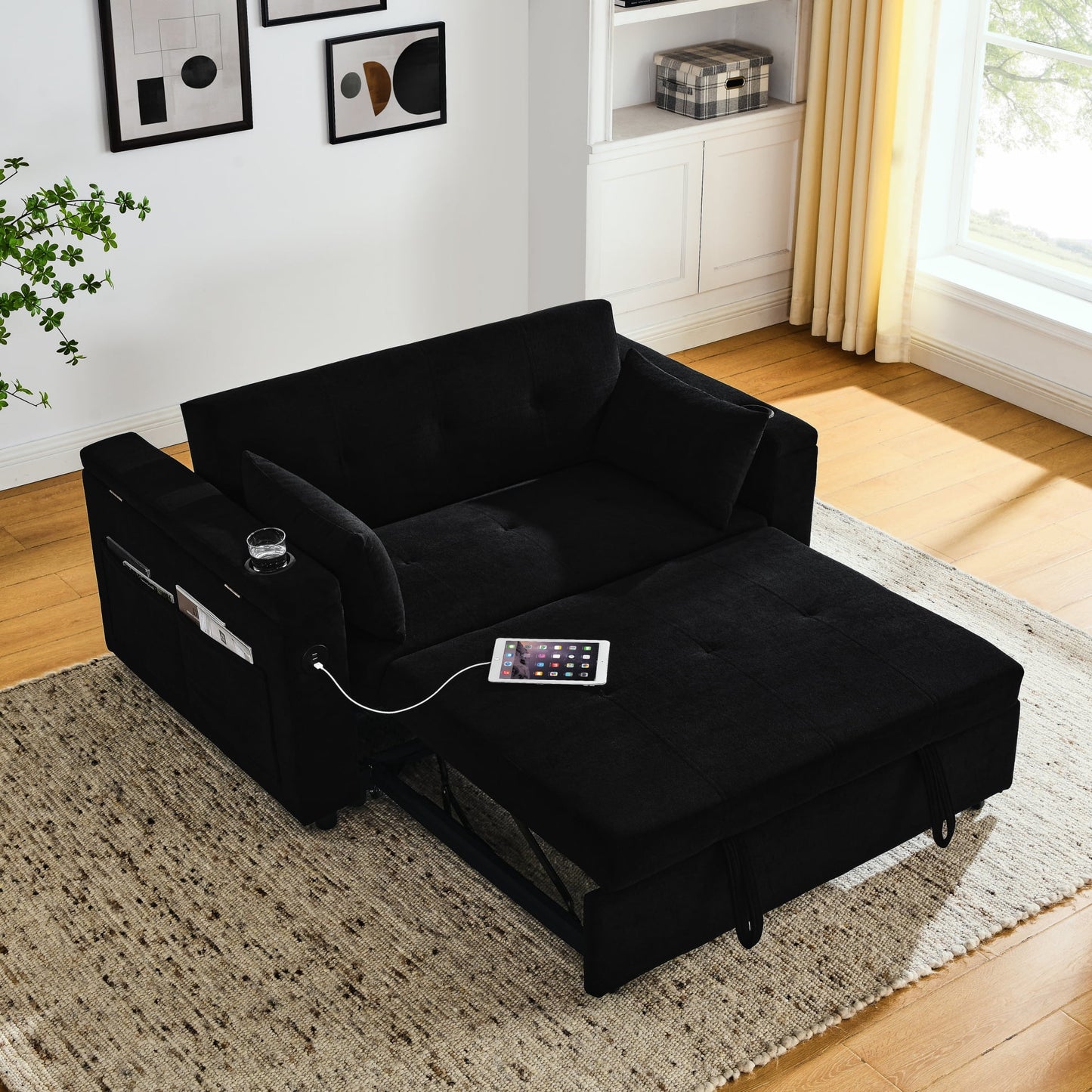 Convertible Chair Bed, 3 in 1 Convertible Sofa Bed Sleeper Chair with Adjustable Backrest & Side Pokcets, Built-in USB Power Outlet & Cup Holder, Pull Out Sofa Bed, Sofa Bed Couch Loveseat Sleeper