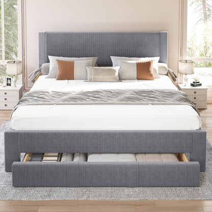 CooHut Queen Bed Frame with Storage Drawers, 12-Slats Solid Wooden Support Bed Frame, Velvet Platform Upholstered Headboard, No Box Spring Needed, Gray