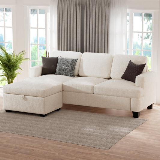 CoolHut Comfy Sectional Sofa with Reversible Storage Ottoman for Living Room, Upholstered L-Shaped 3-Seat Couch with Chenille Fabric, Reovable Cover, 3 Pillows, Beige