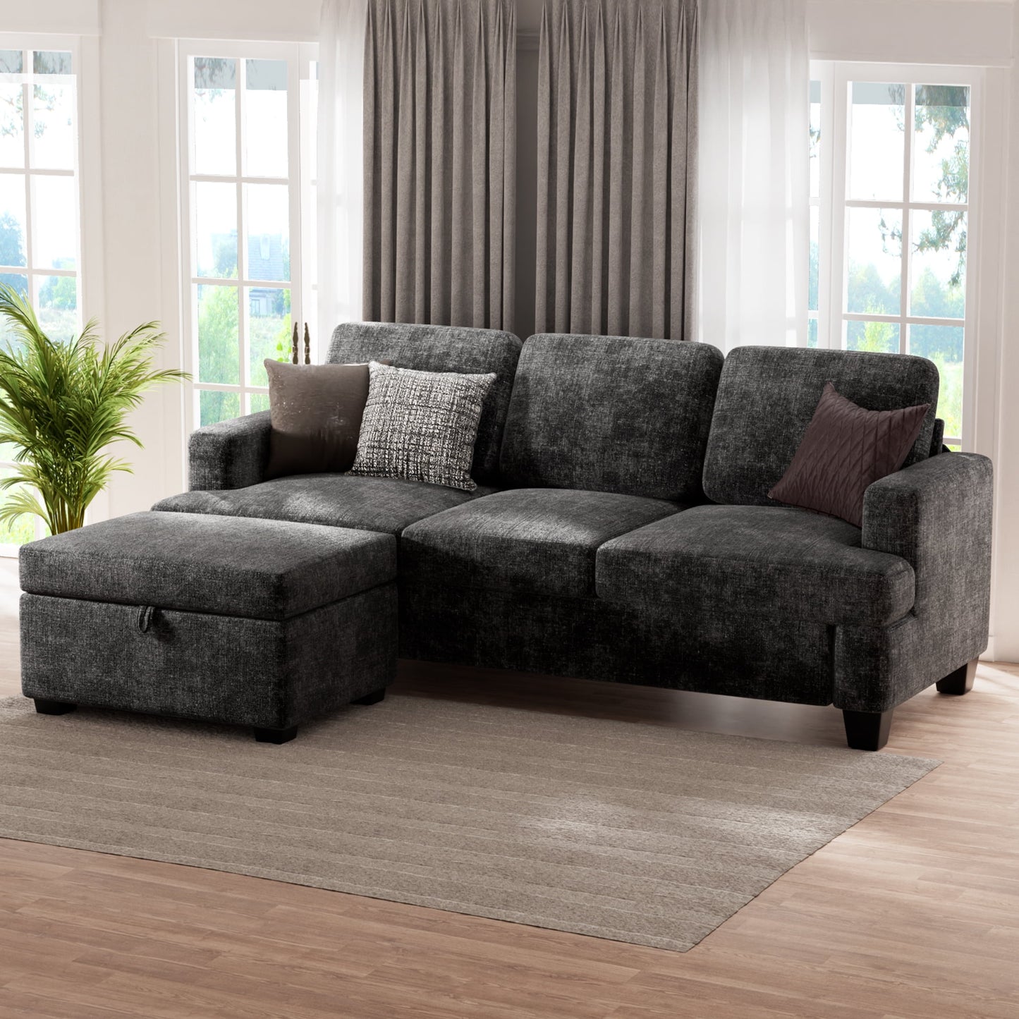 CoolHut Comfy Sectional Sofa with Reversible Storage Ottoman for Living Room, Upholstered L-Shaped 3-Seat Couch with Chenille Fabric, Reovable Cover, 3 Pillows, Dark Gray