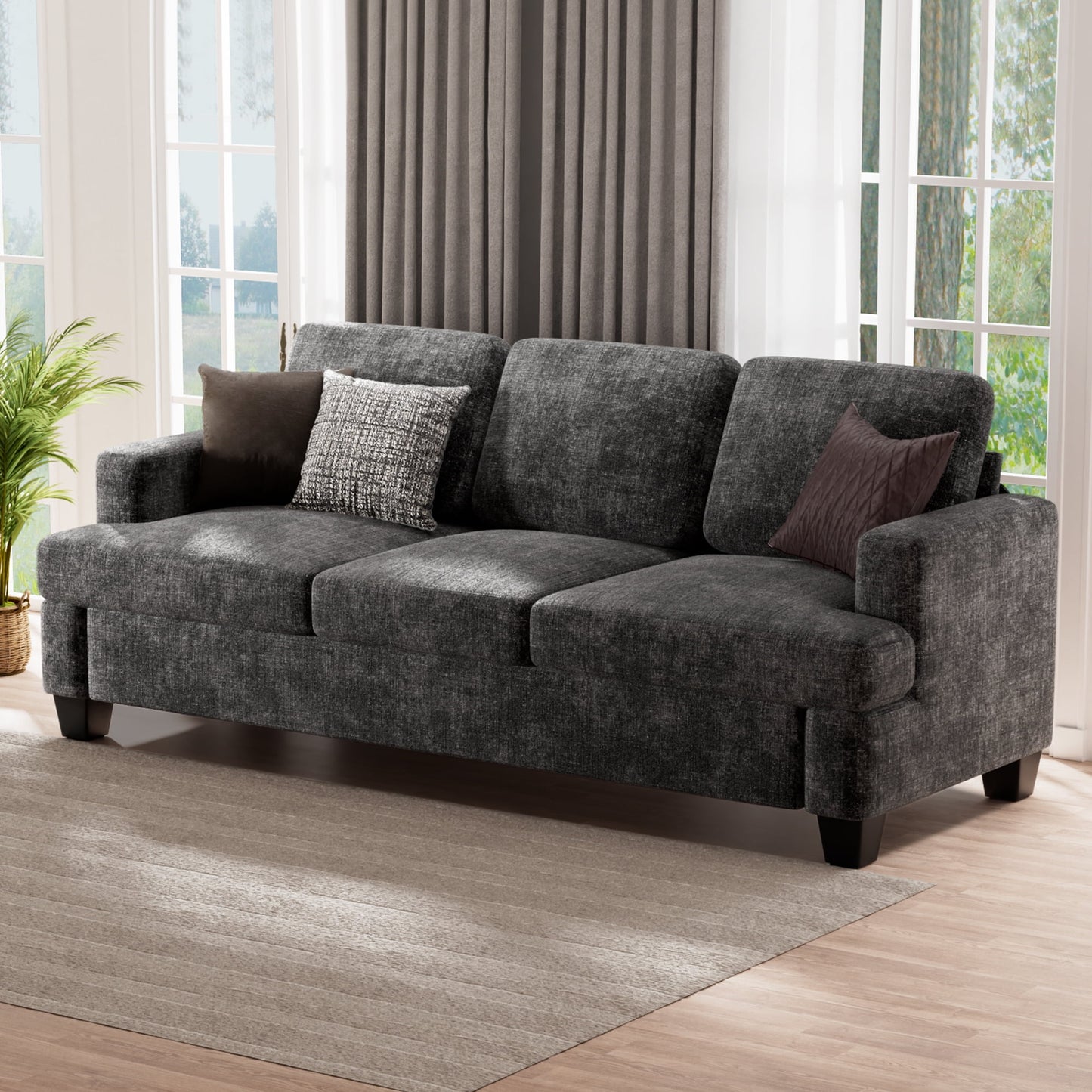 CoolHut Comfy Sofa Couch for Living Room, Upholstered Deep 3 Seats Couch with Chenille Fabric, Reovable Cover, 3 Pillows, Dark Gray