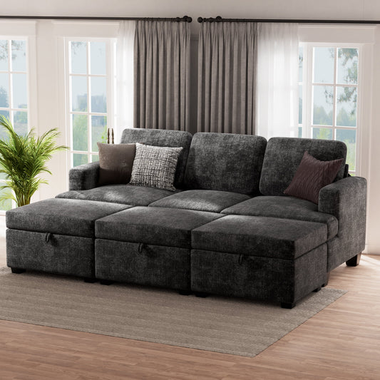 CoolHut Convertible Sectional Sofa Bed with Storage Ottoman for Living Room, Upholstered 3-Seat Couch for Living Room, Removable Cover, 3 Pillows, Dark Gray