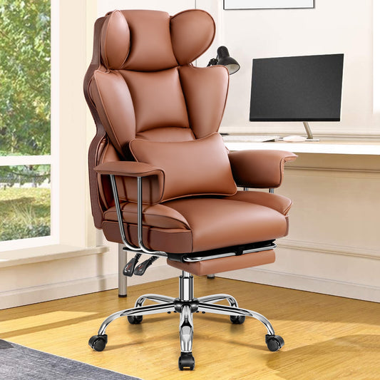 CoolHut Large Executive Leather Office Chair with Footrest, Ergonomic Reclining Design, High Back and Lumbar Support, Ideal for Big and Tall Users, Perfect for Home Office or Computer Desk Use,Brown