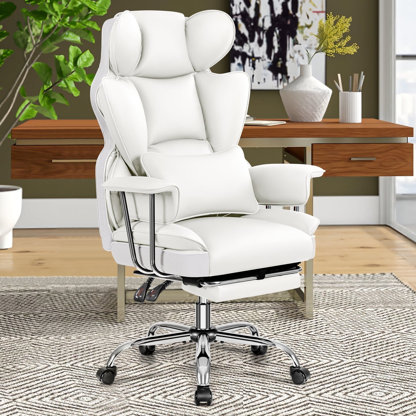 CoolHut Large Executive Leather Office Chair with Footrest, Ergonomic Reclining Design, High Back and Lumbar Support, Ideal for Big and Tall Users, Perfect for Home Office or Computer Desk Use, White