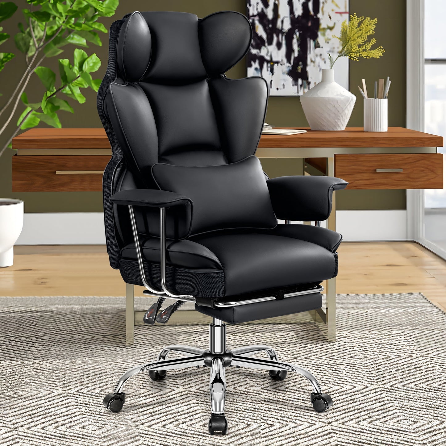 CoolHut Large Executive Leather Office Chair with Footrest, Ergonomic Reclining Design, High Back and Lumbar Support, Ideal for Big and Tall Users, Perfect for Home Office or Computer Desk Use, Black