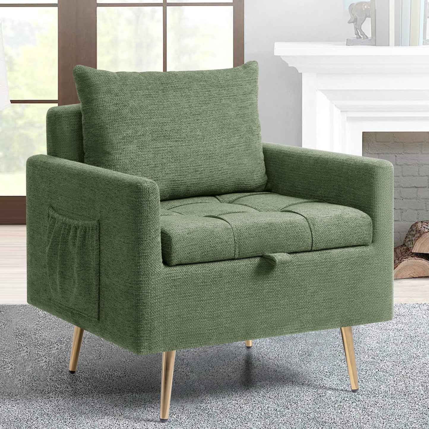 CoolHut Mid-Century Accent Chair, Modern Linen Fabric Armchair for Living Room, Comfy Upholstered Reading Accent Chairs for Bedroom, Green