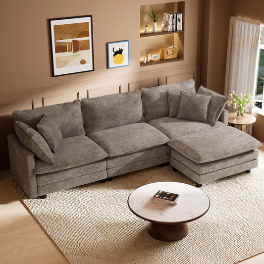 CoolHut Sectional L-Shaped Sofa Couch with 1 Ottoman, 3 Seats Sofa with 5 Pillows, Modern Oversized Sofa Set for Living Room, Gray