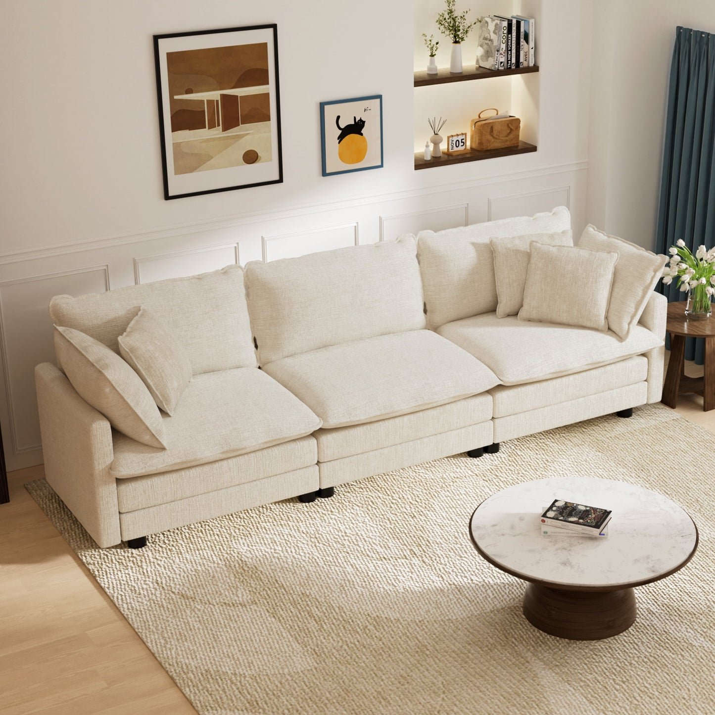 CoolHut Sectional Sofa Couch, 3 Seats Sofa with 5 Pillows, Modern Oversized Sofa Set for Living Room, Beige