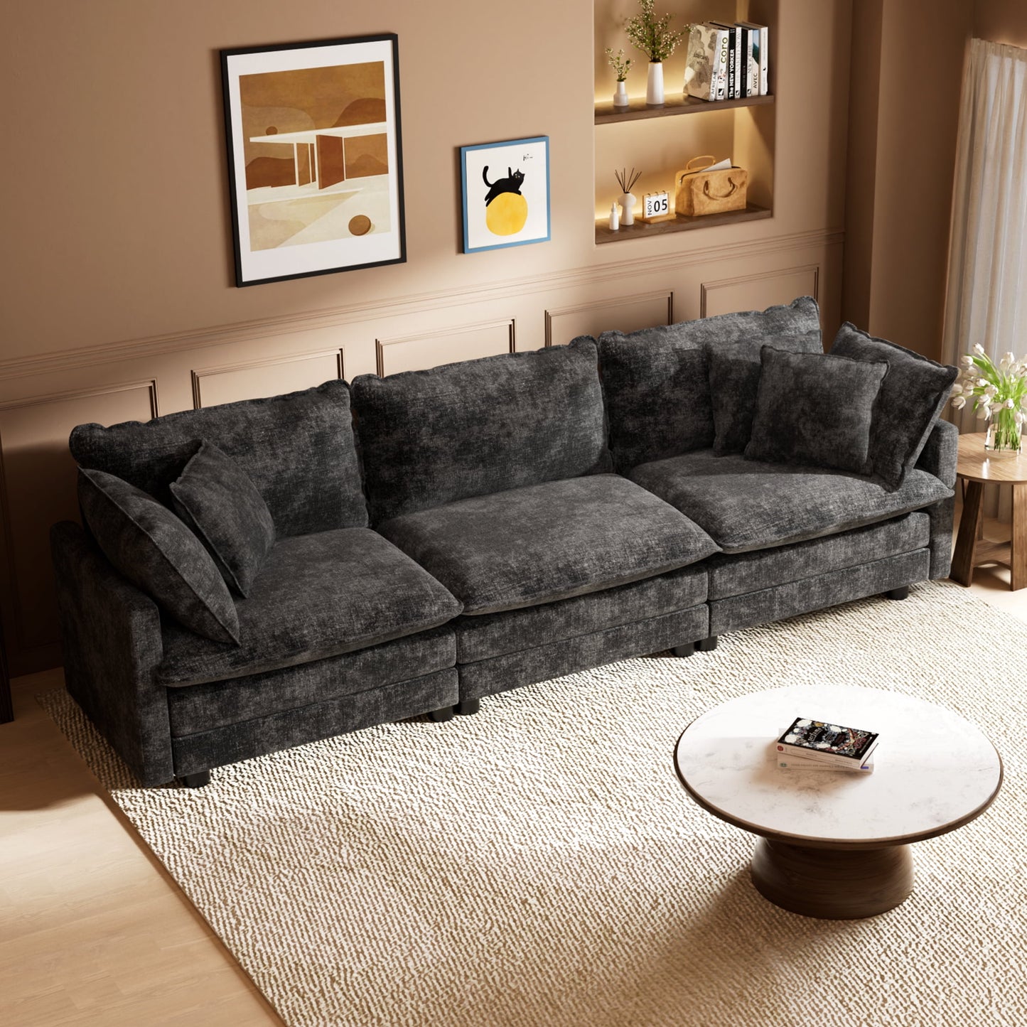 CoolHut Sectional Sofa Couch, 3 Seats Sofa with 5 Pillows, Modern Oversized Sofa Set for Living Room, Dark Gray