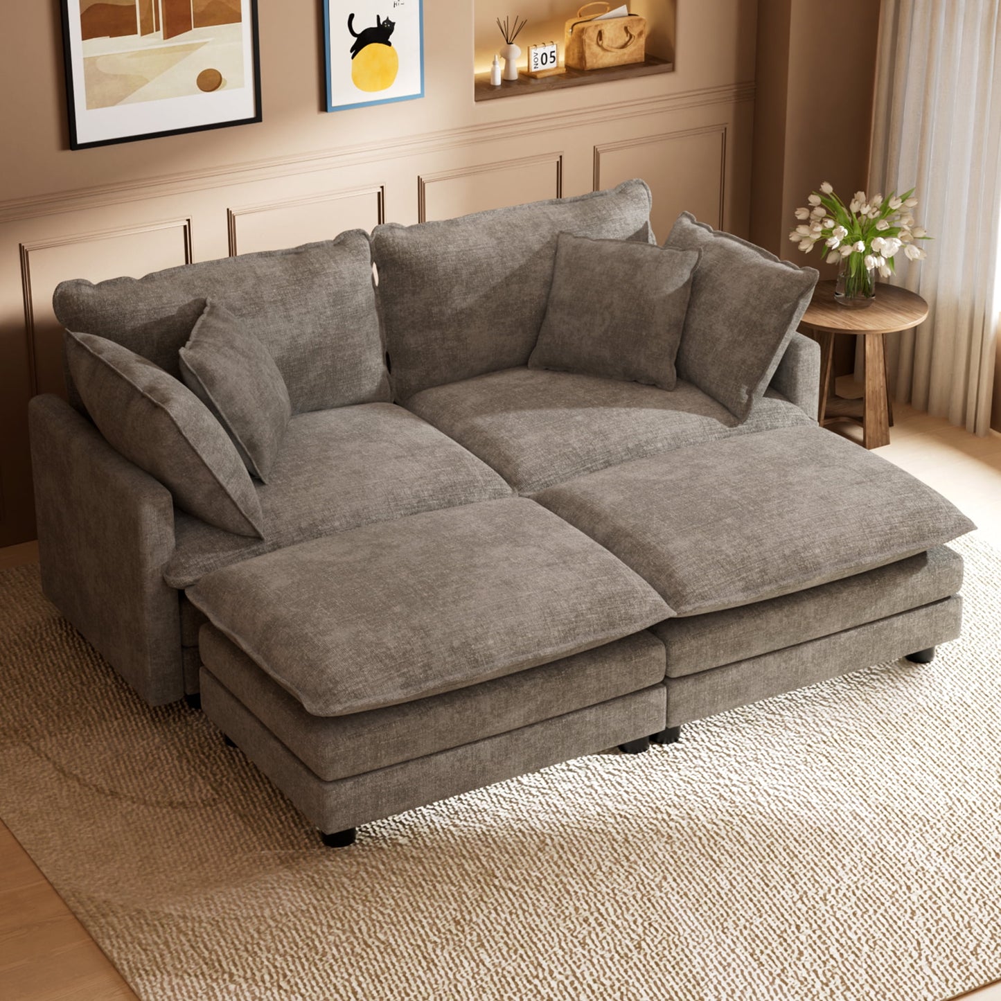 CoolHut Sectional Sofa Couch with 2 Ottoman, 2 Seats Sofa with 4 Pillows, Modern Oversized Sofa Set for Living Room, Gray