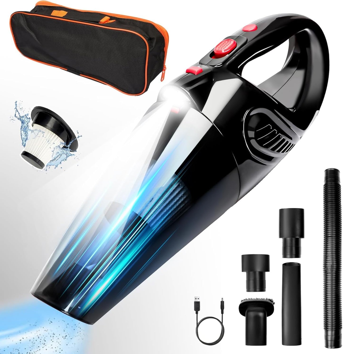 Cordless Handheld Vacuum Cleaner, 6000PA Strong Suction Power, Car Vacuum Cleaner, 1.6 Pounds Easy to Carry, USB Chargeable, Matching 5 Heads and Carrying Bag, Suitable for Home, Car, Pets and Dust.