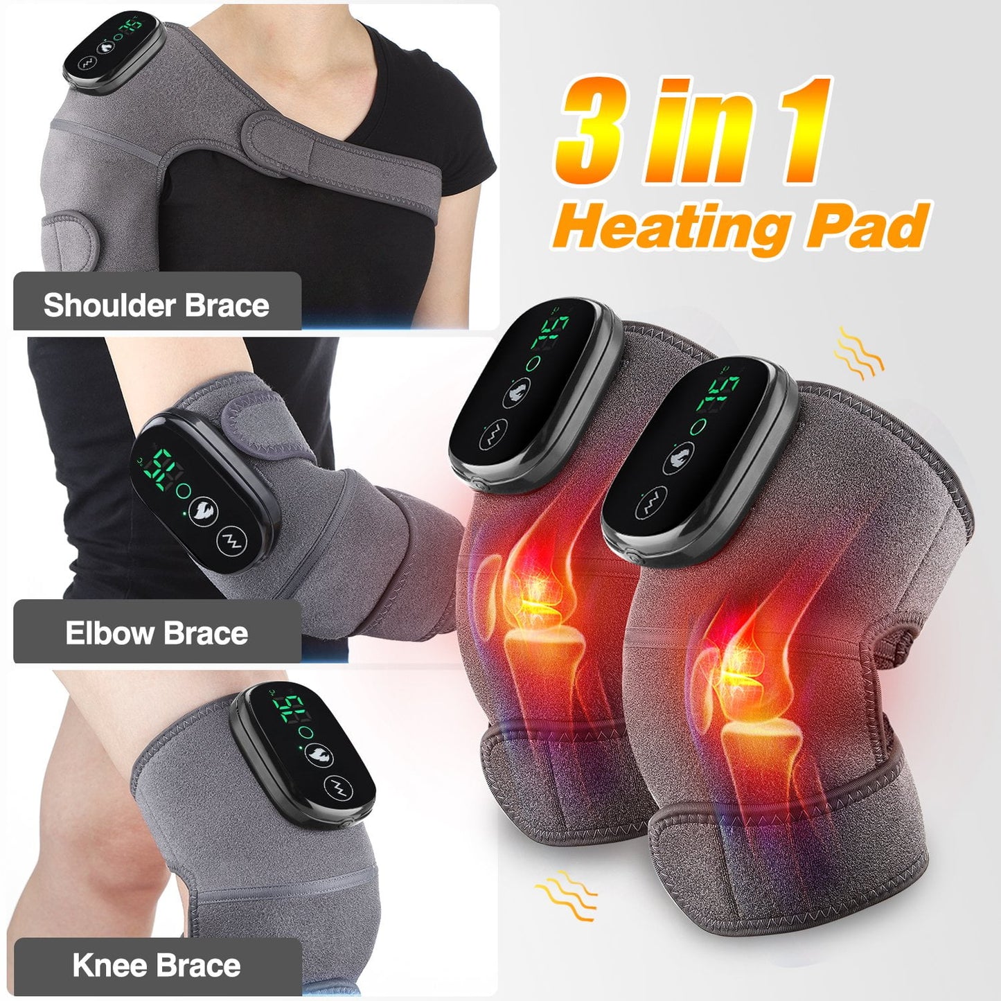 Cordless Knee Massager Shoulder Brace with Heat, 3-In-1 Heated Knee Elbow Shoulder Brace Wrap, Vibration Knee Heating Pad, 3 Vibrations and Heating Modes,Heating Pad for Knee Elbow Shoulder Relax,2Pcs