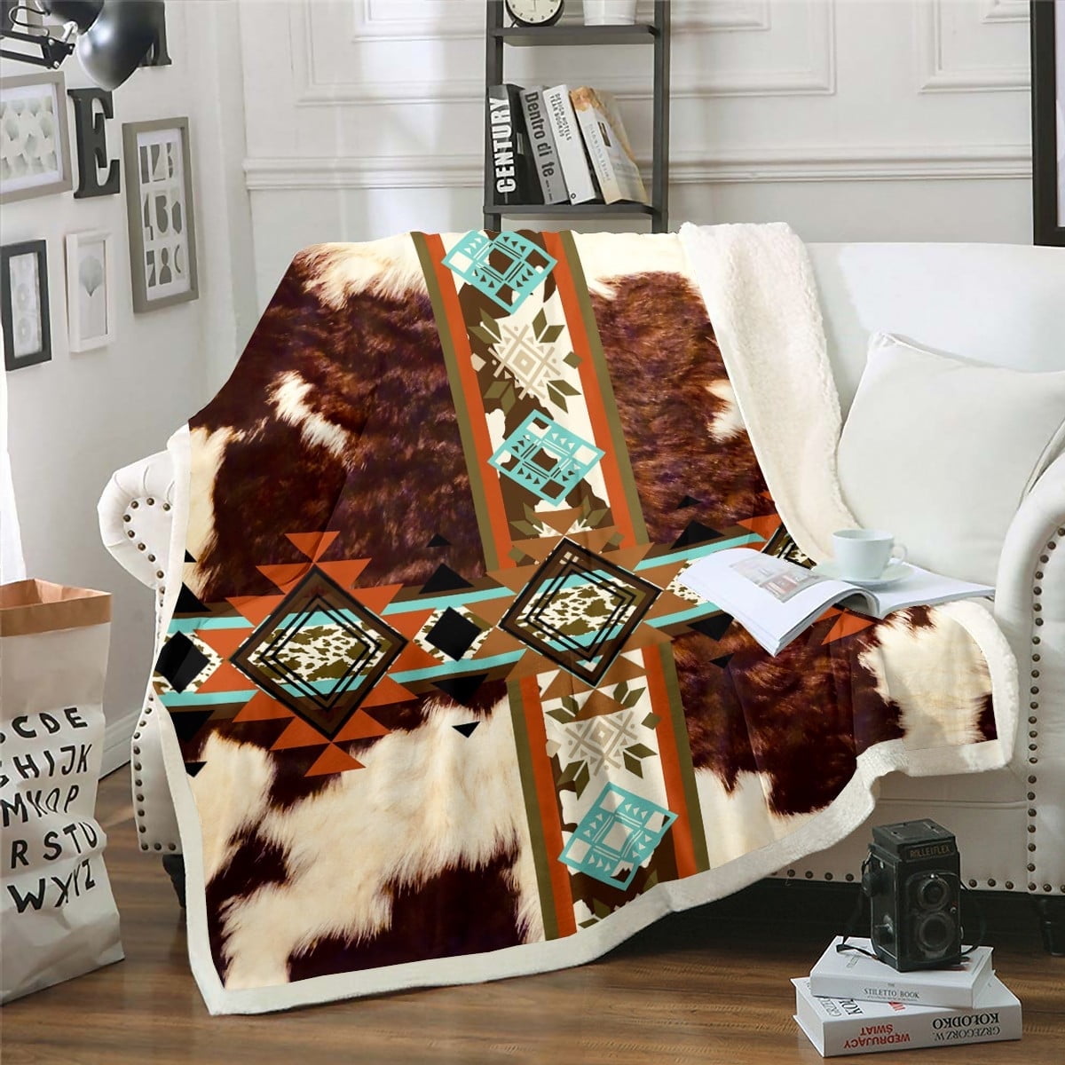 Cowhide Blanket Western Throw Blanket 90"x90",Brown Highland Cow Print Fleece Blanket Exotic Aztec Diamond Blankets,Farm Animals Bull Cattle Skin Room Decor Cowboys Gifts for Women