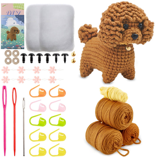 Crochet Kit for Beginners Complete Crochet Animal Knitting Kit Adorable Dog Crochet Starter Pack with Wool Stuffing Crochet Hooks DIY Crochet Craft Kit for Crochet Lovers Adults Kids 15x11x17cm