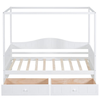 Day Bed, Twin Canopy Daybed with 2 Drawers, Modern Storage Bed Frame, Wooden Canopy Twin Bed Frames for Adults Boys and Girls, White