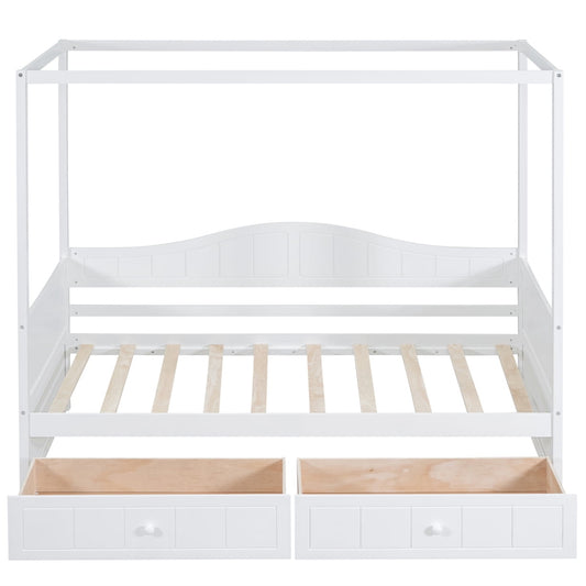 Day Bed, Twin Canopy Daybed with 2 Drawers, Modern Storage Bed Frame, Wooden Canopy Twin Bed Frames for Adults Boys and Girls, White