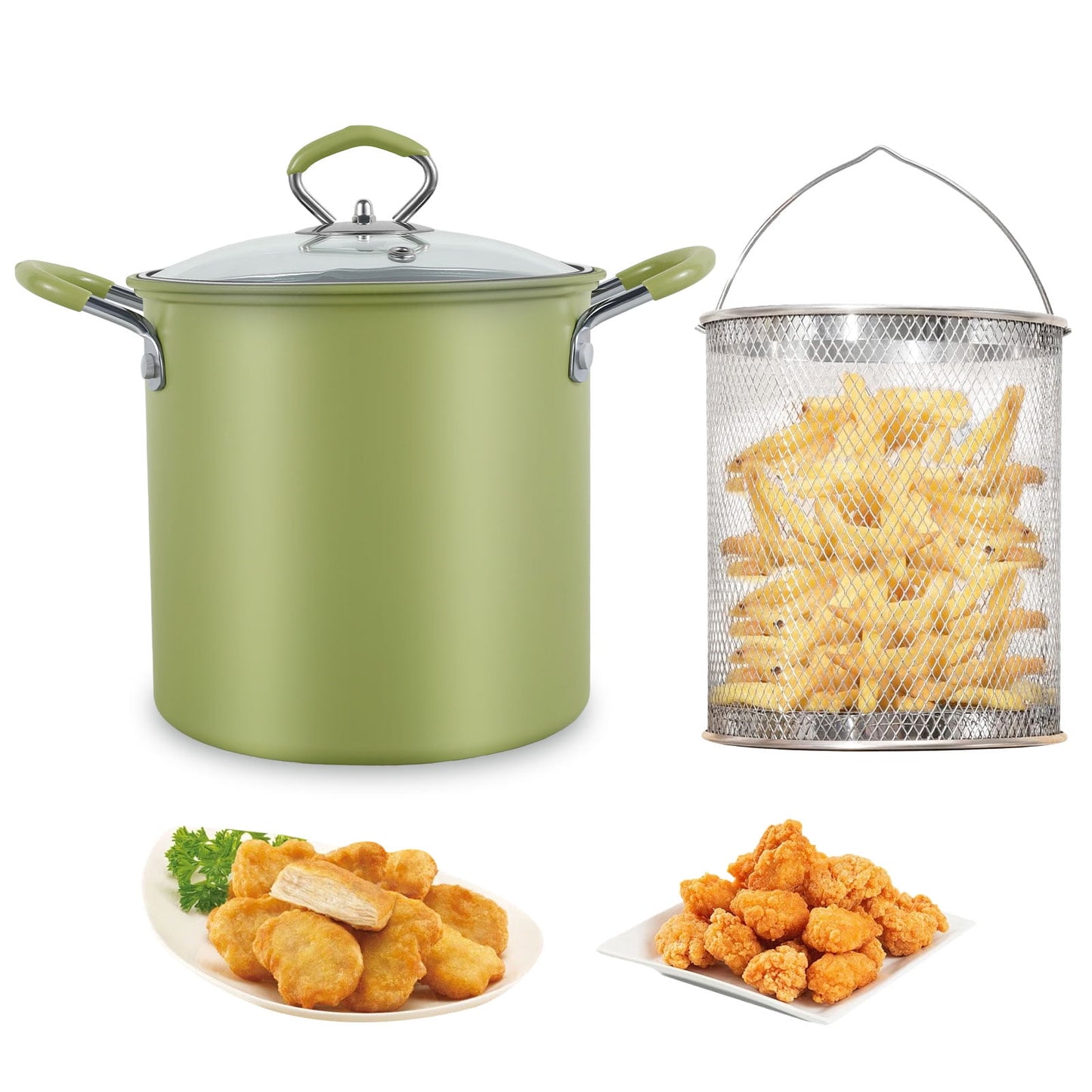 Deep Fryer Pot 304 Stainless Steel Frying Pan with Strainer Basket and Handle,Japanese Tempura Fryer Deep Fryers Frying Pot for Frying Fish Shrimp Chicken and Fries