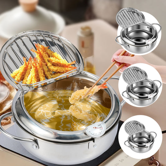 Deep Fryer Pot,Japanese Tempura Small Deep Fryer Stainless Steel Frying Pot With Thermometer,Lid And Oil Drip Drainer Rack for French Fries Shrimp Chicken Wings and Shrimp