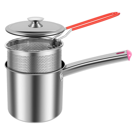 Deep Fryer Pot with Strainer Basket Stainless Steel Deep Frying Pot with Lid and Handle 1.8L Oil Mini Fryer Portable Deep Fryer Deep Fryer Oil Saver Deep Frying Oil Container for Cooking