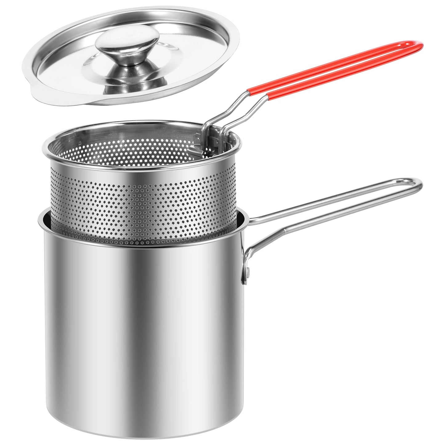 Deep Fryer with Strainer Basket and Handle Stainless Steel Fry Pot Durable Food Grade Outdoor Fryer with Lid Portable Food Cooking Pot for Frying Fish Shrimp Chicken and Fries