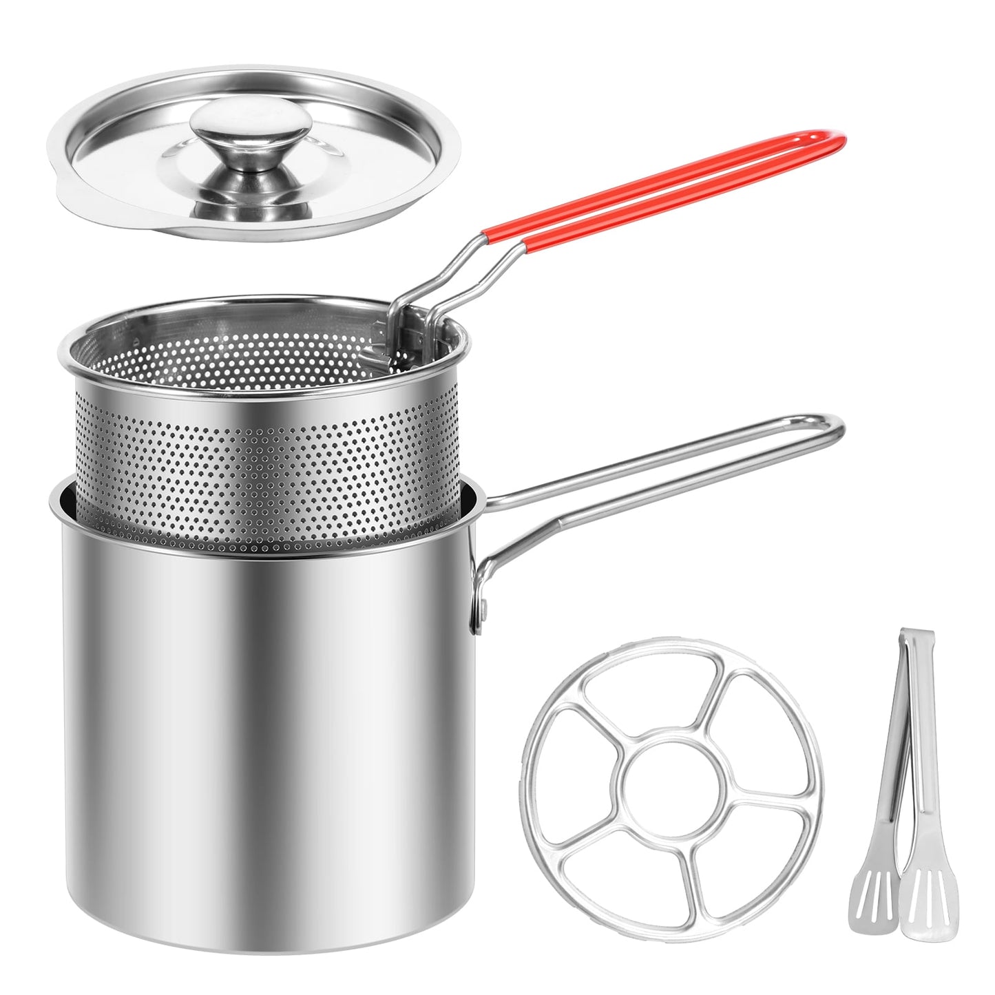 Deep Fryer with Strainer Basket and Handle Stainless Steel Fry Pot Durable Food Grade Outdoor Fryer with Lid Portable Food Cooking Pot for Frying Fish Shrimp Chicken and Fries