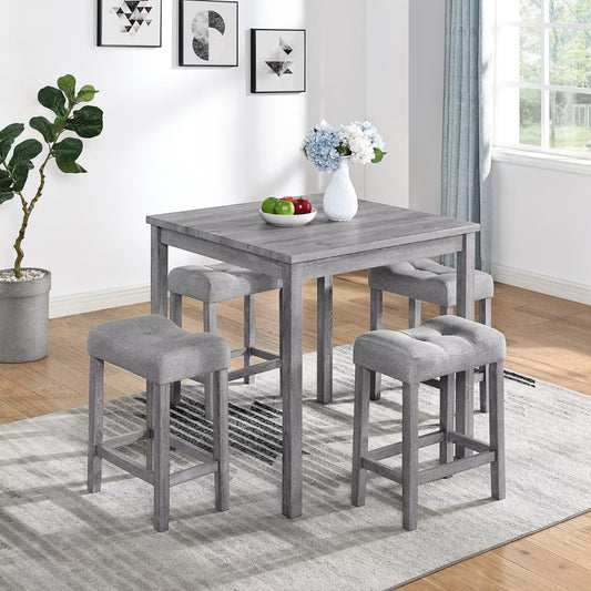 Dining Table Set for 4, 5 Pieces Square Kitchen Table and Backless Stools Set for Small Spaces, Counter Height Bar Table Set with 4 Chairs for Pub, Dining Room and Kitchen, Gray