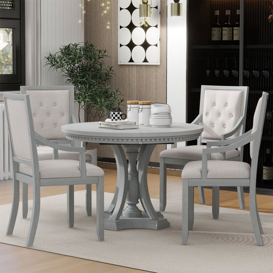 Dining Table Set, 5-Piece Dining Room Set, Retro Extendable Round Kitchen Table and 4 Chairs, Kitchen and Dining Room Sets for Kitchen Dining Room, Antique Gray Oak