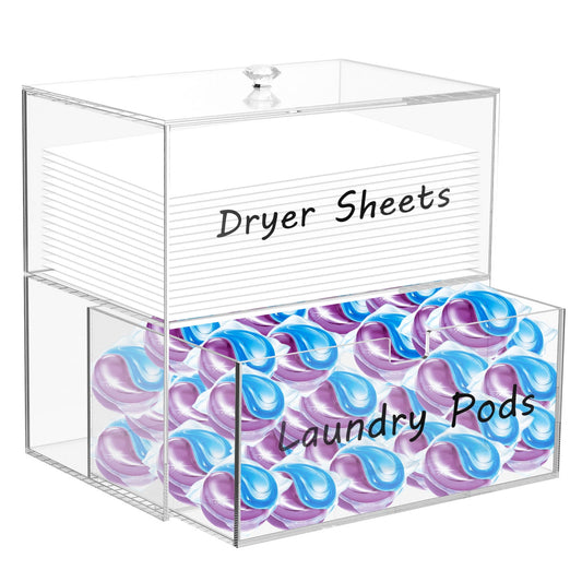 Dryer Sheet Holder Acrylic Dryer Sheet Holder with Drawer and Bamboo Lid Clear Laundry Room Organization and Storage Dryer Sheet Laundry Pods Containter Box for Laundry Room Decor