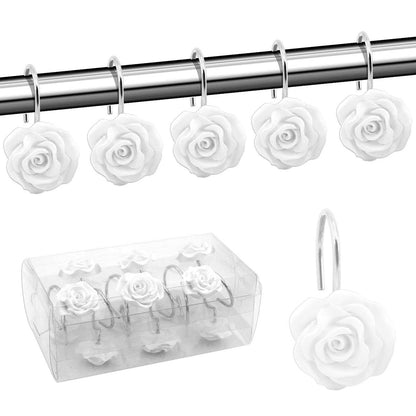 Dznils 12 Pcs Rose Shower Curtain Hooks, Decorative Metal Shower Curtain Rings, White