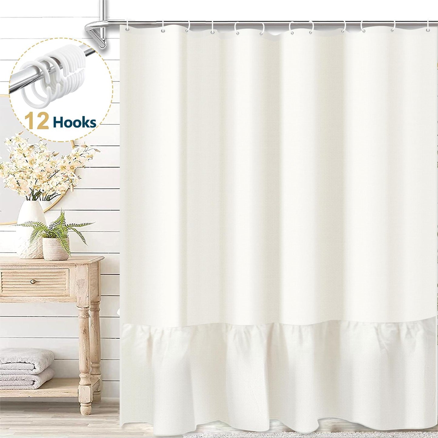 Dznils Beige Farmhouse Fabric Shower Curtain, Ruffle Bathroom Curtain with 12 Hooks, 72" x 72"