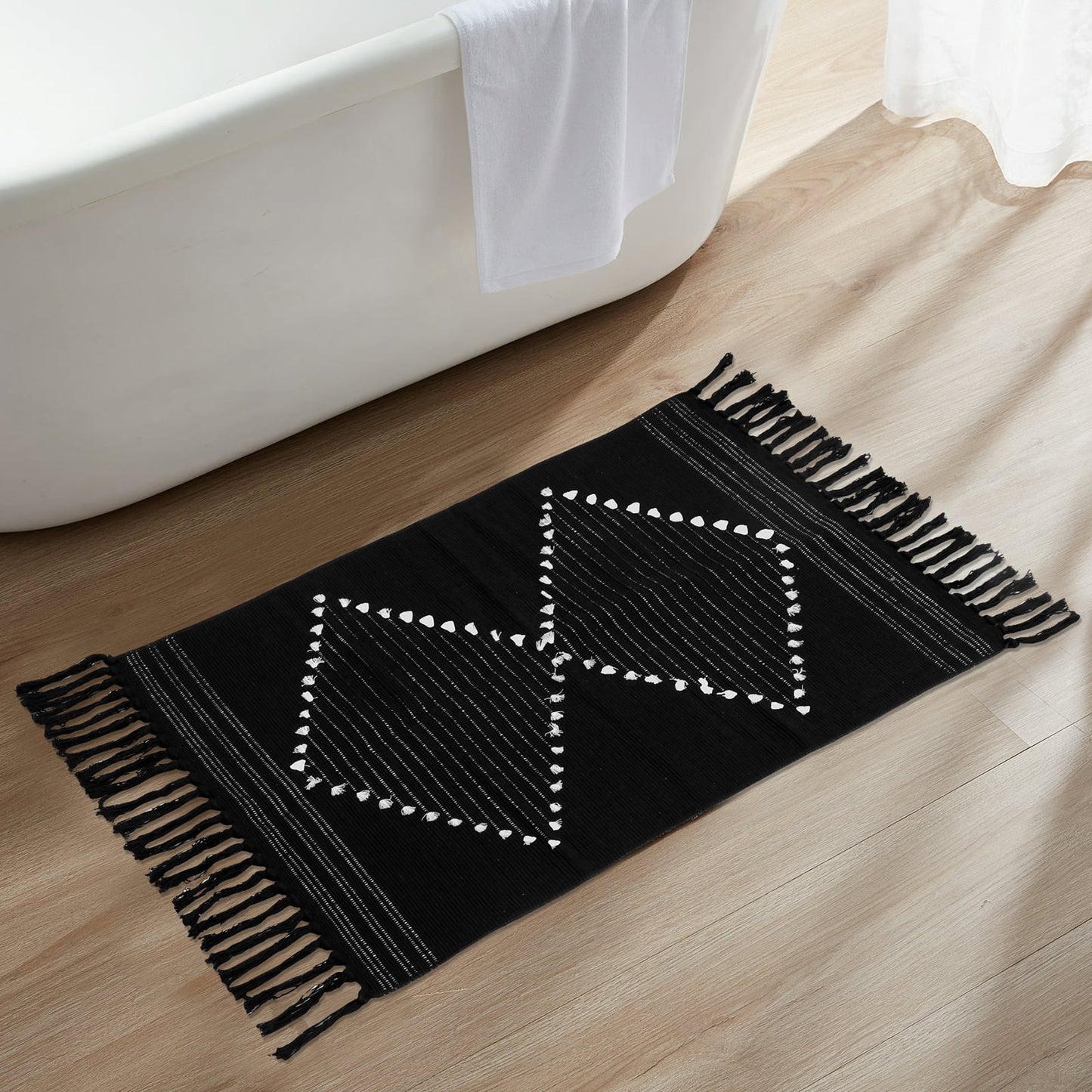 Dznils Black Boho Bathroom Rugs, Farmhouse Geometric Polyester Bath Mat with Tassel, 24" x 35"