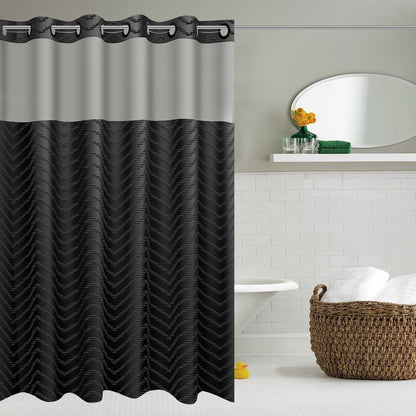 Dznils Black Fabric No Hook Shower Curtain with Snap in Liner, Tufted Chevron Textured, 72" x 74"