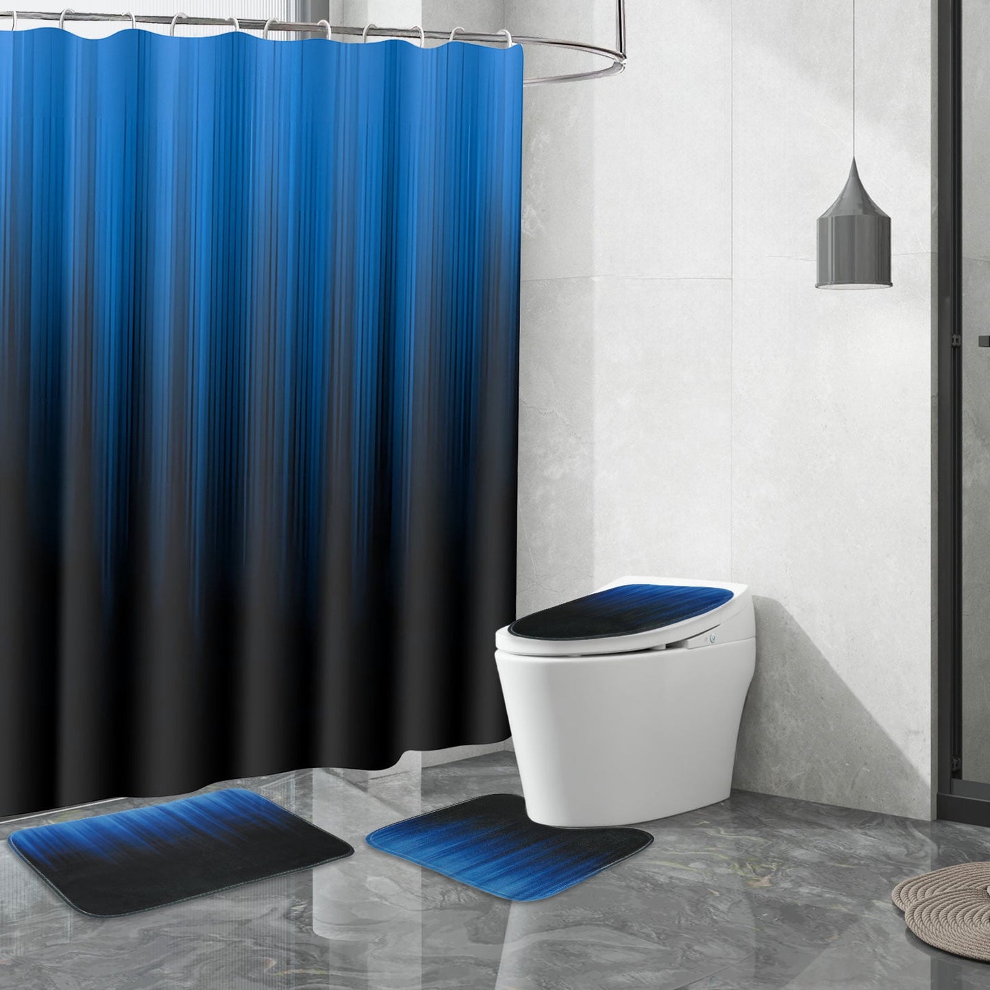 Dznils Black and Blue Ombre Shower Curtain Set with Rug, 16pc Modern Bathroom Decor Set, 72" x 72"