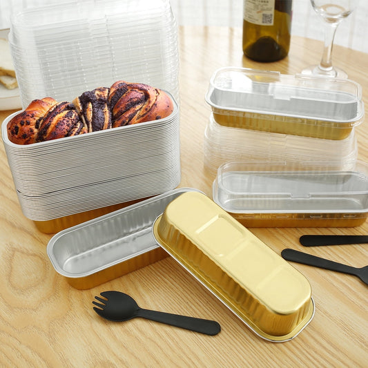 150Pcs Mini Loaf Pans with Lids and Spoons 200ml Non-Stick Aluminum Foil Loaf Pans Reusable Square Foil Bread Container Heat-Resistant Narrow Cake Baking Pans for Home Kitchen