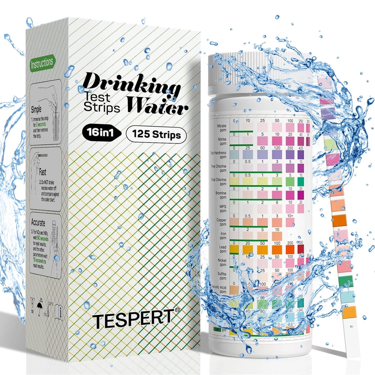 All-New 16 in 1 Drinking Water Testing Kit 125 Strips - Home Tap and Well Water Test Kit for Hardness, Lead, Iron, Copper, Chlorine, Nitrate, Nitrite, pH, etc