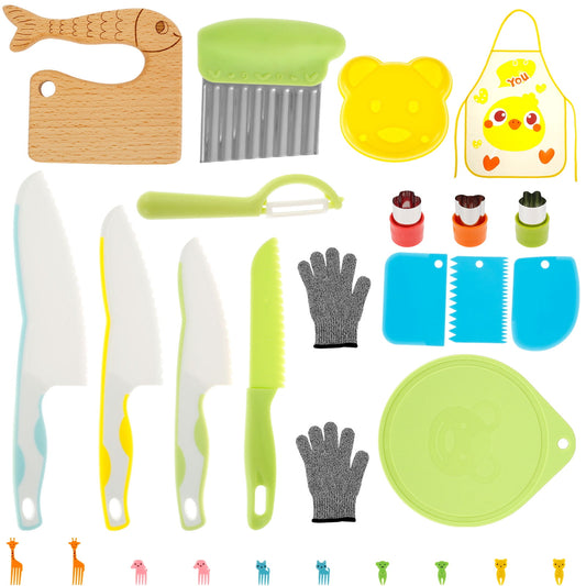 Wekvgz 27pcs Kids Cooking Set Safe Kids Kitchen Cutter Set Montessori Kids Cutting Set with Cutters Potato Chipper Peeler Cookie Cutter Mold Bear Sandwich Mould Chopping Bboard Gloves Apron Forks