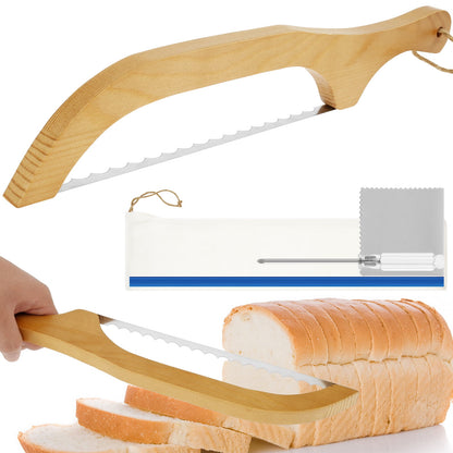 Wooden Bread Knife Bread Bow Cutter 15.7 Inch Bread Saw with Wooden Handle Stainless Steel Sourdough Bread Slicer with 2 Saw Blades Screwdriver Cutter Wipe Cloth Bread Cutter Slicer