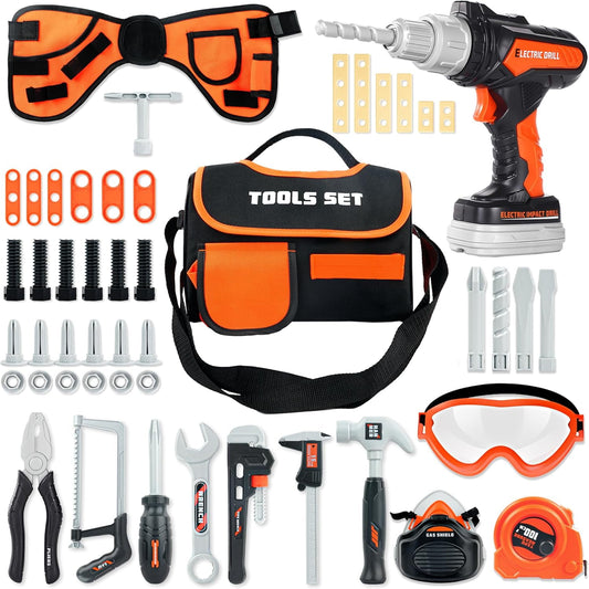 YCFUN 48pcs Kids Tool Sets Tool Belt with Electronic Drill, Pretend Play Construction Toys for Boys Girls Ages 3+