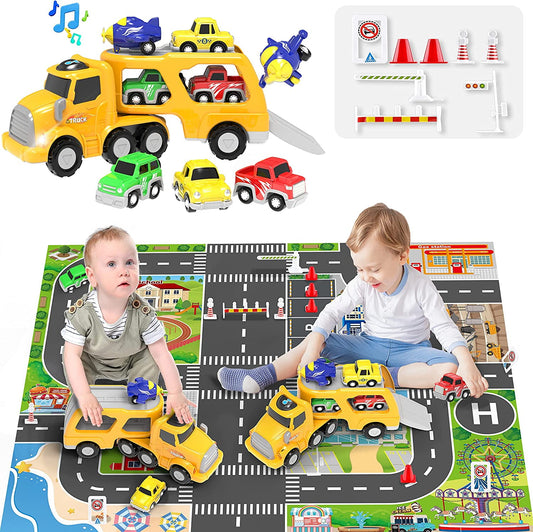 YCFUN Transport Car Carrier Truck with Light&Sound and Activity Play Mat for Kids Boys Girls, Vehicles Playset for Gifts Age 2-8