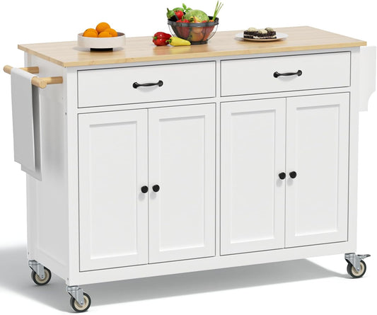 ZIVACATE Rolling Kitchen Island on Wheels Cart 54in with Storage for Kitchen Dinning Room,White