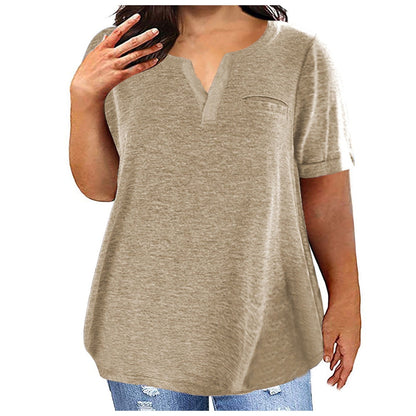 ZZwxWA Plus Size Solid Short Sleeve Tops For Womens V Neck Summer Loose Fit Blouse Flutter Hem Comfy Pullover T-Shirt Khaki XXXXL