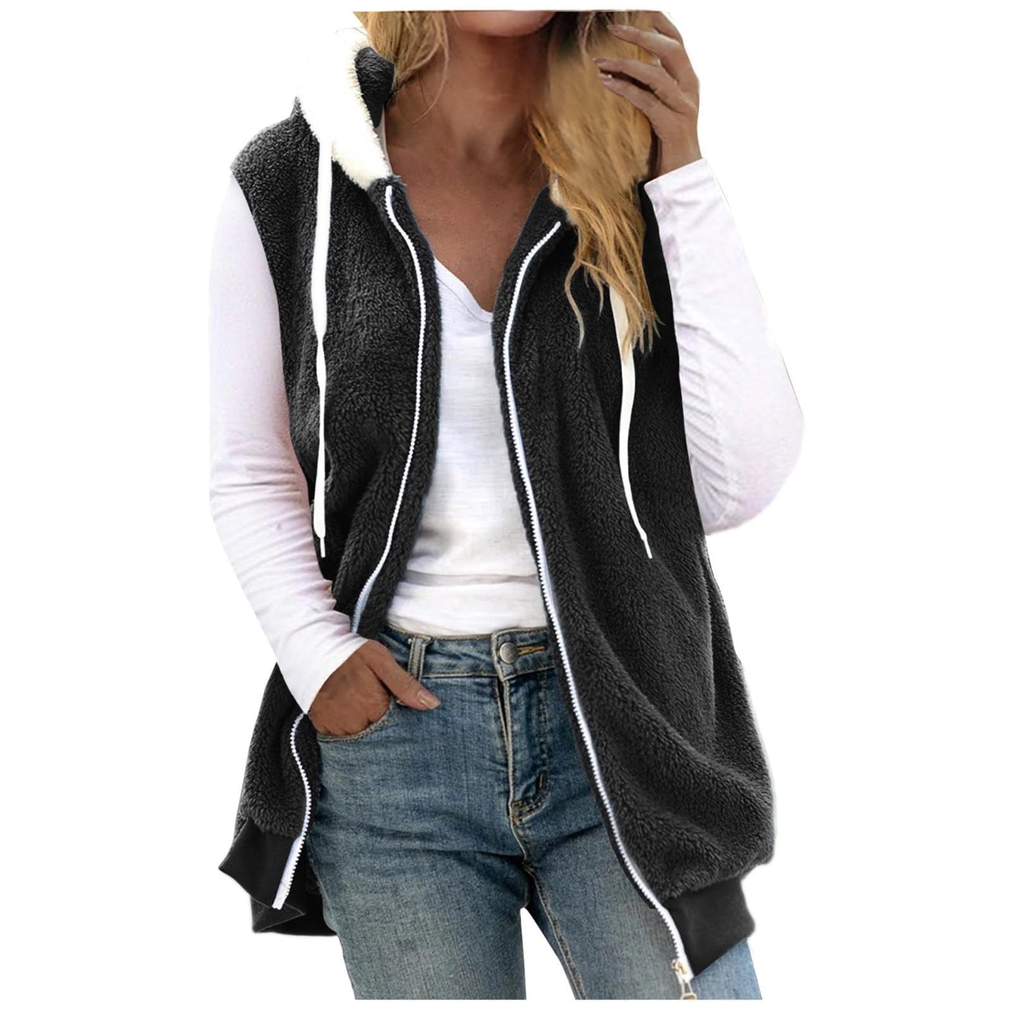 ZZwxWA Womens Fuzzy Fleece Vest, Casual Warm Sleeveless Zip Up Sherpa Vest Jacket with Pockets for Fall/Winter Women's Cute Hooded Drawstring Comfortable Jacket Coat On Sale