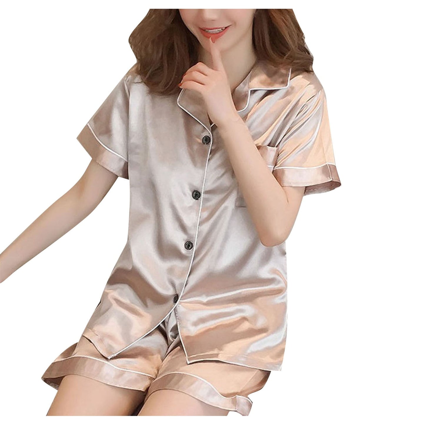 ZZwxWA Womens Silk Satin Pajamas Loungewear Two-Piece Sleepwear Button-Down Floral Pj Set Womens Pajamas Solid Lapel 2-piece Homewear Nightwear Outfits