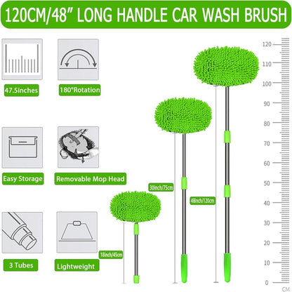 WillingHeart 47.5" Car Wash Brush Mop Cleaning Tool with Long Handle Kit for Washing Detailing Cars Truck, SUV, RV, Trailer, Boat 2 in 1 Chenille Microfiber Sponge Duster Not Hurt Paint Scratch Free