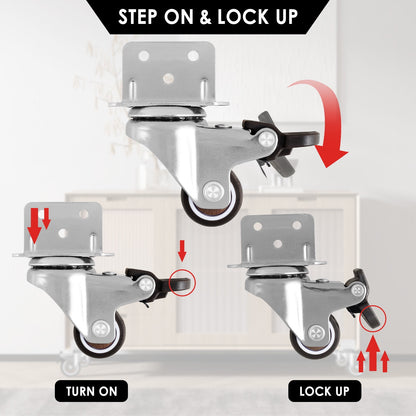 Adifare 4Pcs Caster Wheels,1/1.5/2inch L ShapedSoft Rubber Side Mount Caster Wheel 90° Right Angle Furniture Swivel Castor with Brake 10kg Load Capacity for Cabinet