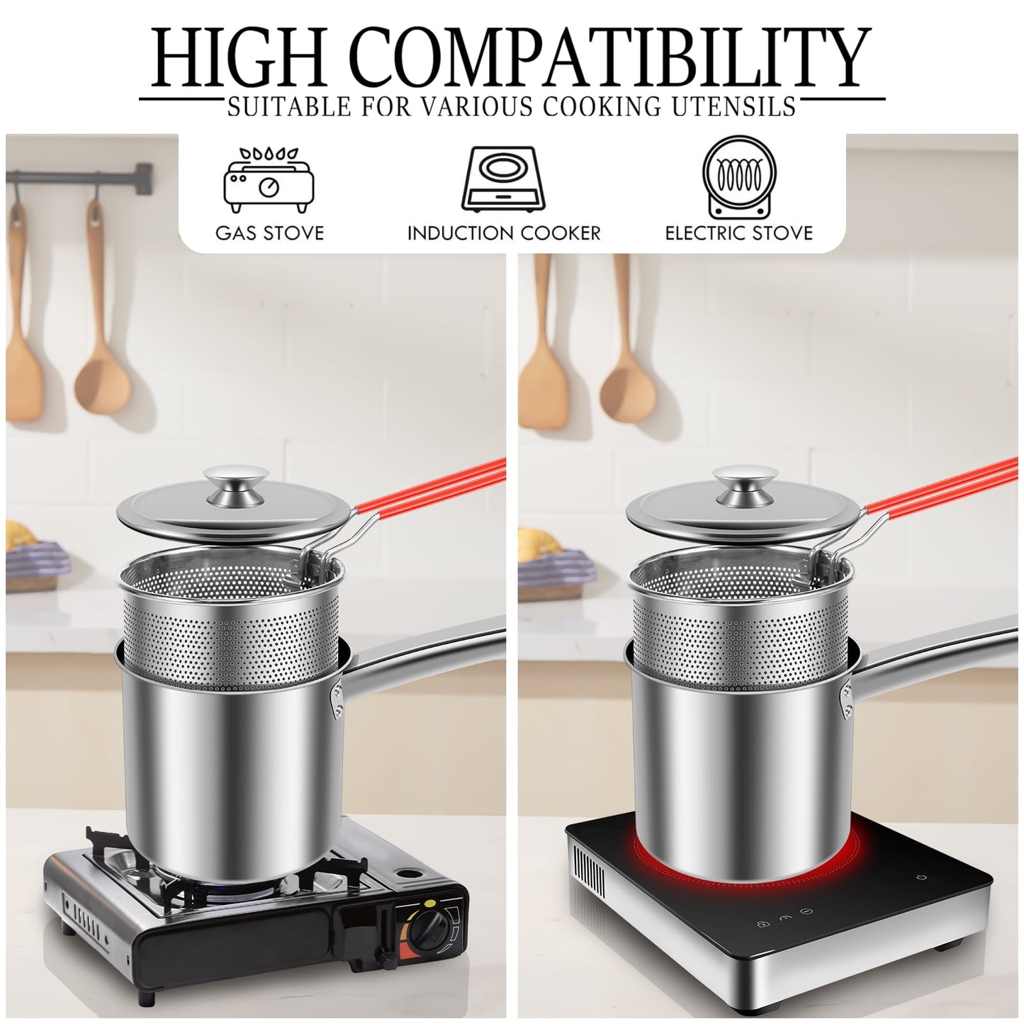 Deep Fryer Pot with Strainer Basket Stainless Steel Deep Frying Pot with Lid and Handle 1.8L Oil Mini Fryer Portable Deep Fryer Deep Fryer Oil Saver Deep Frying Oil Container for Cooking