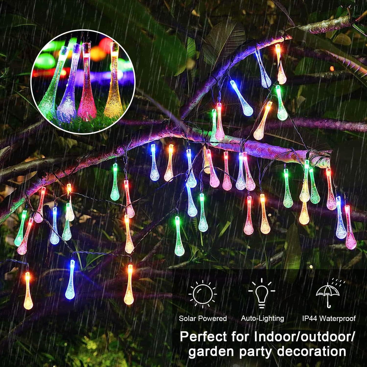 100 LED Solar String Lights Outdoor Waterproof, Water Drop Solar Lights with 8 Modes, Solar Party Lights Outdoor