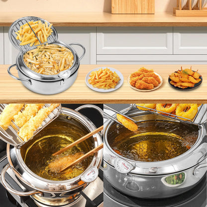 Deep Fryer Pot with Strainer Basket and Thermometer Stainless Steel Deep Frying Pot with Handle 3 Sizes Oil Mini Fryer Dishwasher Safe Deep Frying Oil Container for Frying Fish Shrimp Chicken