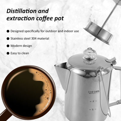 Camping Coffee Pot Stainless Steel,Coffee Pot Outdoors,Multi Use Coffee Percolator,Brew Coffee on Fire,Ideal for Group Camping,Hiking,Backpacking,RV and Travel,9 Cups