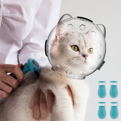 Cat Muzzle for Grooming Breathable Cat Muzzle Helmet Transparent Cat Space Hood Ears Shape Design Cat Bubble Muzzle Cat Anti Bite Helmet with 4 Silicone Paw Shoes for Bath Nail Trimming